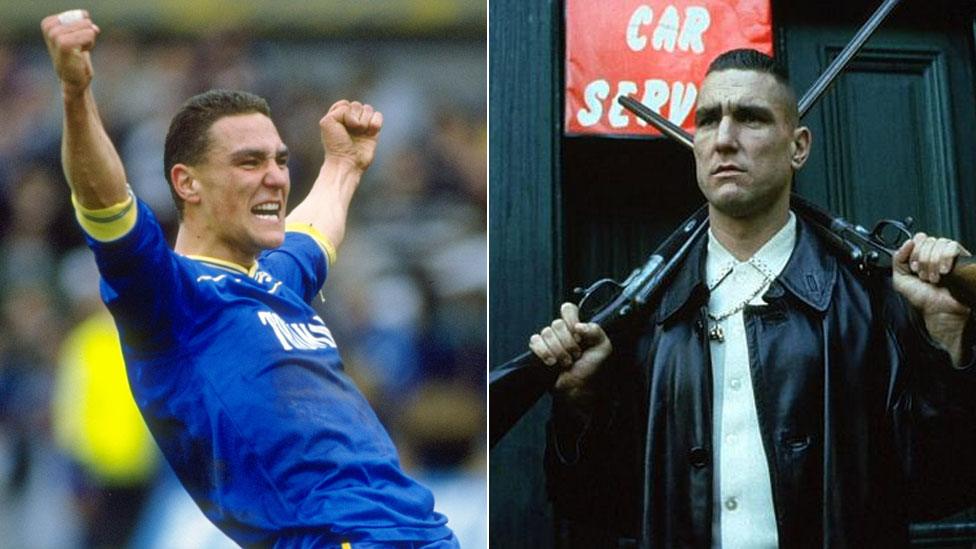 Vinnie Jones playing for Wimbledon in 1988 and as "Big Chris" in Lock, Stock and Two Smoking Barrels