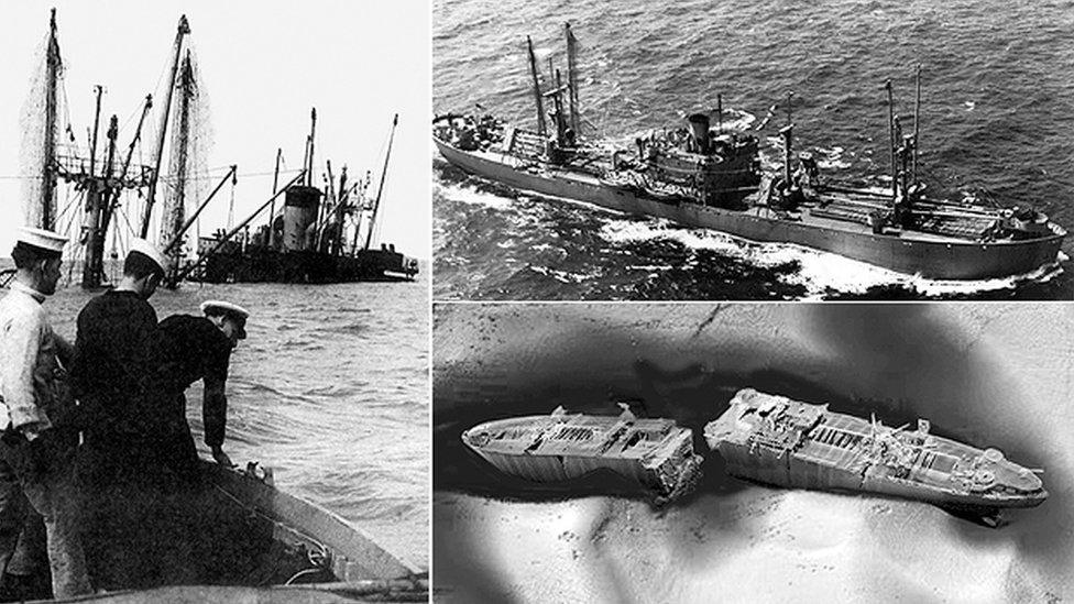 SS Richard Montgomery sinks (left), at four months old (top) and as it currently lies under the sea (bottom)