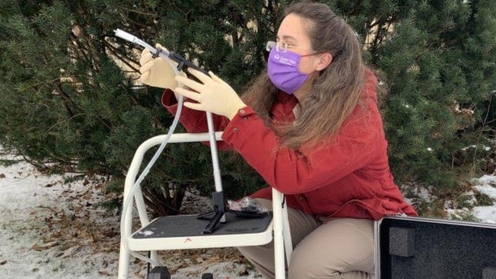 Professor Elizabeth Clare of York University uses sensitive filters attached to vacuum pumps to collect more than 70 air samples