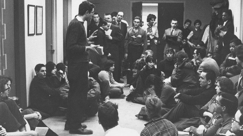 Bernie Sanders speaks at a Committee on Racial Equality Sit-In in 1962