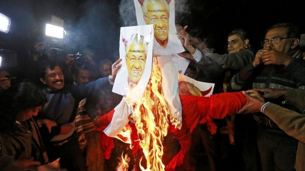 An effigy of Pinarayi Vijayan, Chief Minister of the southern state of Kerala, during a protest