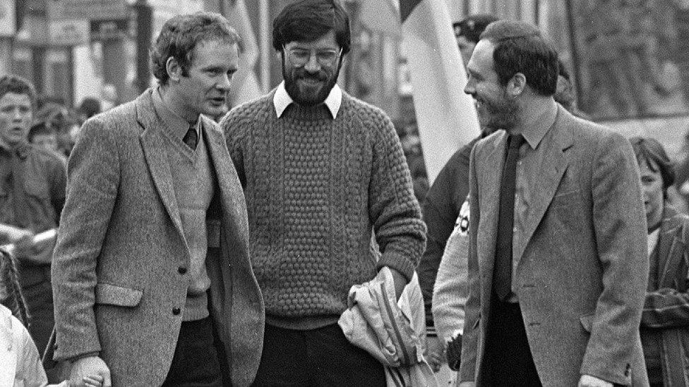 Martin McGuinness at a Bobby Sands commemoration march on the Falls Road in west Belfast in the 1980s with Sinn Féin's Gerry Adams and Danny Morrison