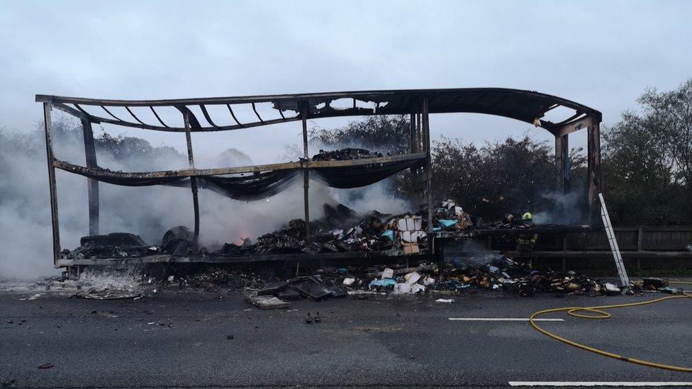 Burnt out lorry trailer