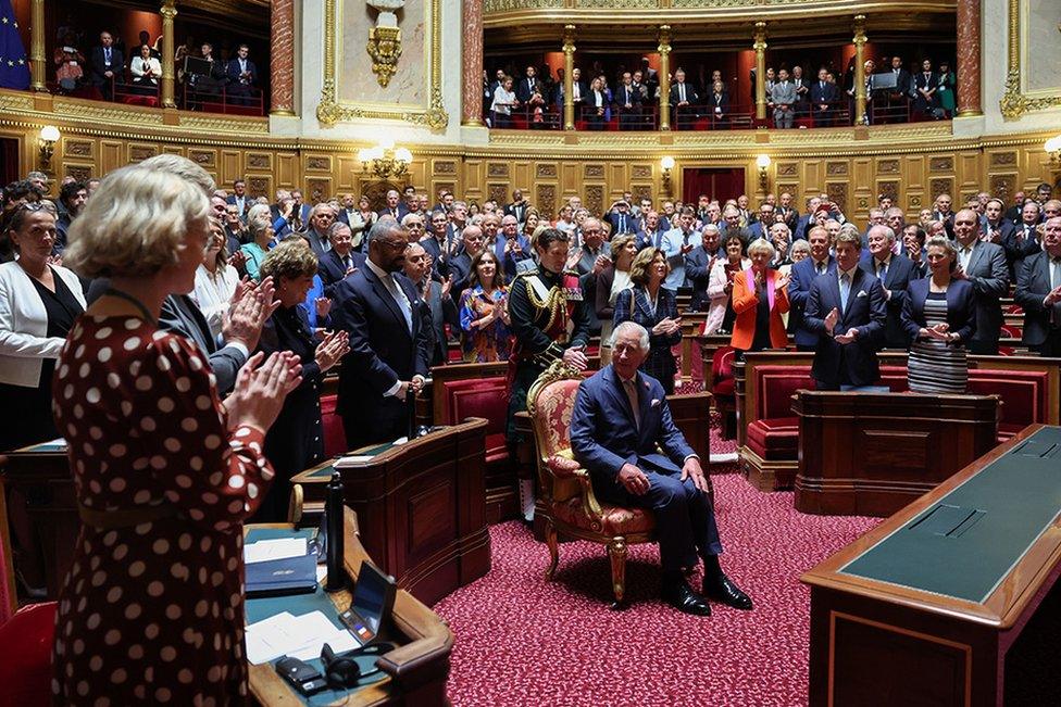 French Senators and members of the National Assembly greet King Charles at the French Senate in Paris