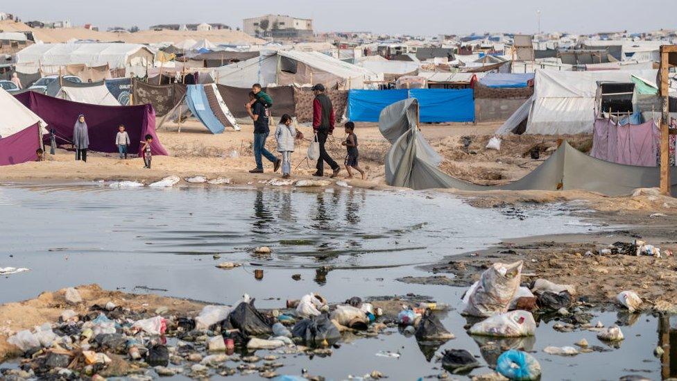 Palestinians taking refuge and living in tents due to ongoing Israeli attacks in Gaza