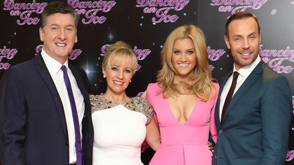 Ashley Rberts with fellow Dancing On Ice judges Robin Cousins, Karen Barber and Jason Gardiner