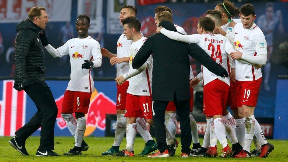 RB Leipzig players celebrate their latest win over Schalke