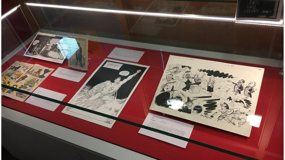 Some of the cartoons on display at the Linen Hall Library