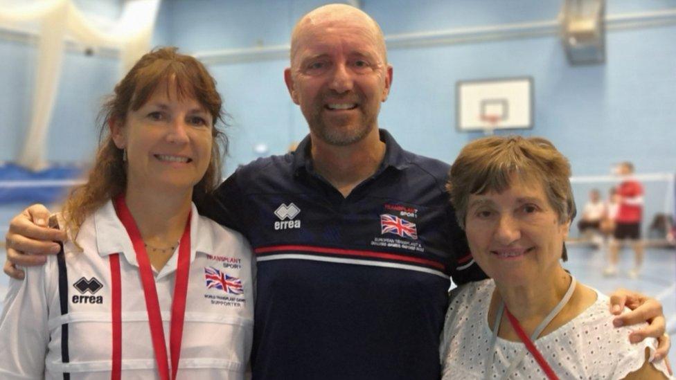 Andy Taylor with wife Kate and mother, 86, at the European Transplant Games in Oxford - August 2022