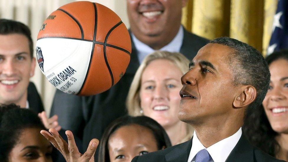 President Obama, shown with a basketball in 2015