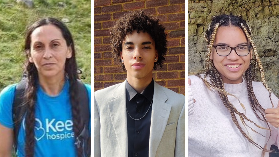 A composite image showing Juliana Falcon (long hair, wearing a blue T-shirt and backpack), Kyle Prosper (wearing a grey suit jacket with buttoned up black shirt), and Giselle Prosper (smiling, thumb ups, wearing a jumper)