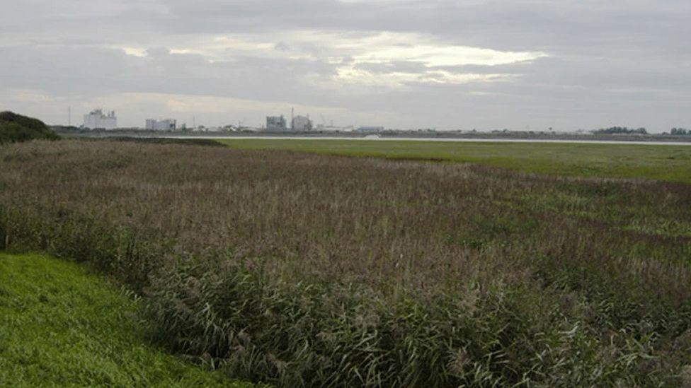 A shot, from a distance, of the former ICI works in Thorton-Cleveleys. It can be seen on the horizon over marsh land