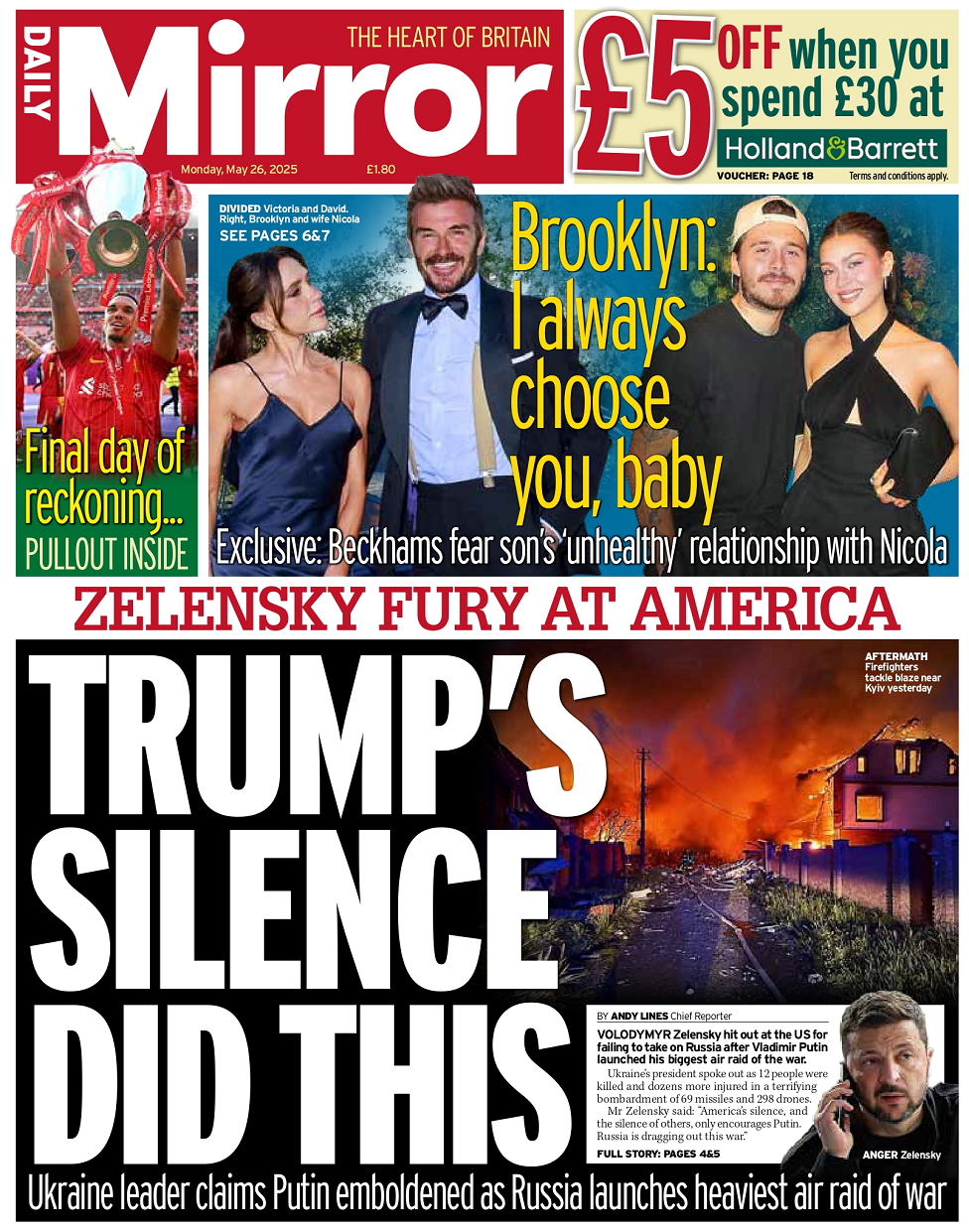 Mirror headline reads: Trump's silence did this, with a picture of fire and destruction in Ukraine