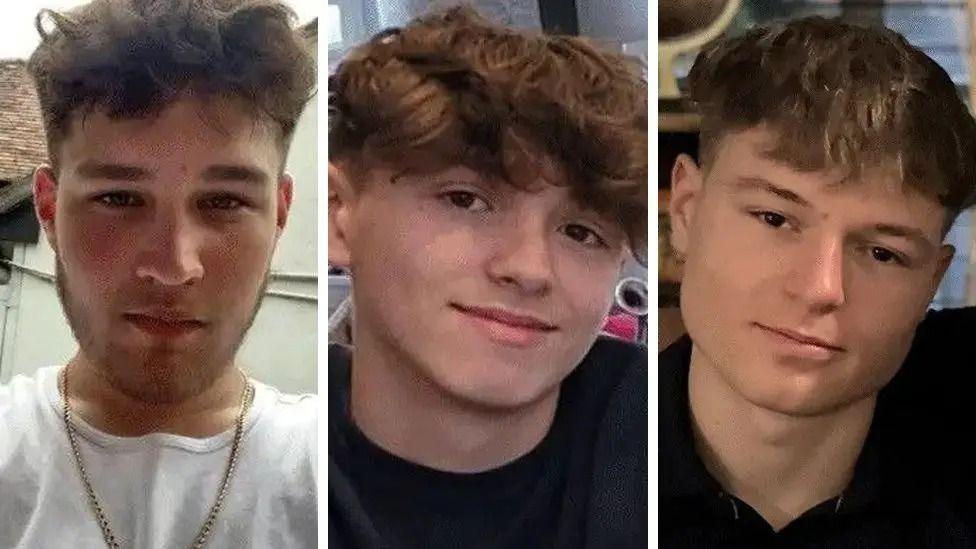 Teenagers Daniel Hancock, Elliot Pullen, and Ethan Goddard are pictured in separate photos. All three have short, wavy brown hair. Daniel has a thin beard and is wearing a gold chain over a white t shirt.