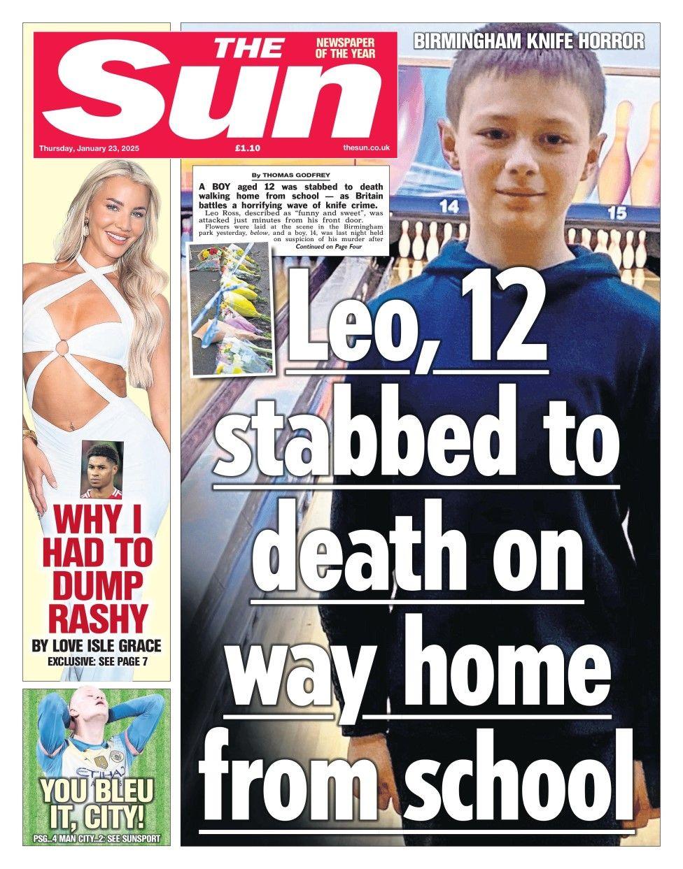 The headline in The Sun reads: Leo, 12, stabbed to death on way home from school