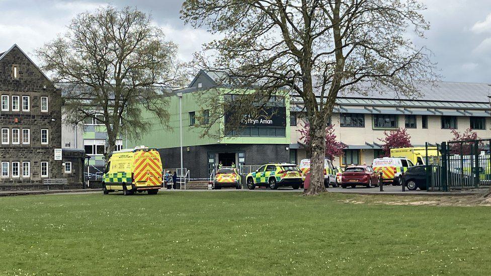 Emergency services vehicles outside Ysgol Dyffryn Ama