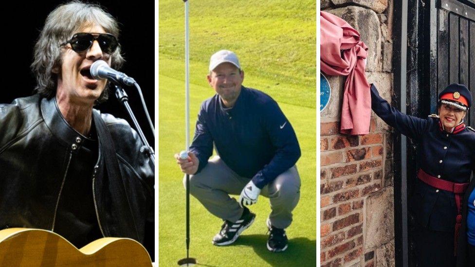 Three images side by side - Richard is on stage with his arms open wide  + a man on a golf course, he is crouched down next to a hole + a plaque is being unveiled by a woman in a uniform