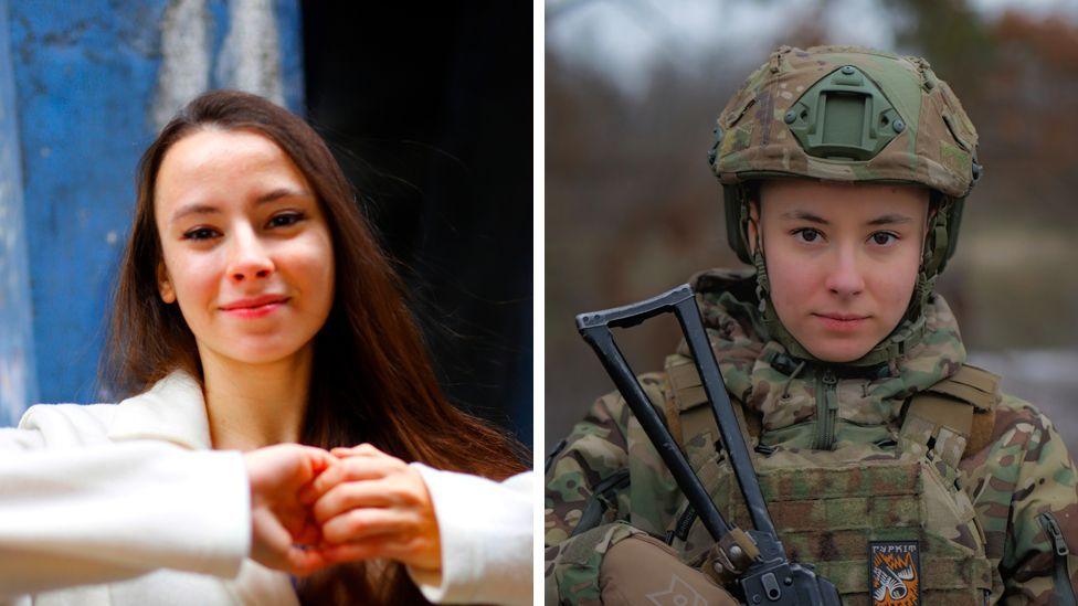 Before and after shot: 26-year-old Olena in civilian clothing before war broke out and after in her military uniform