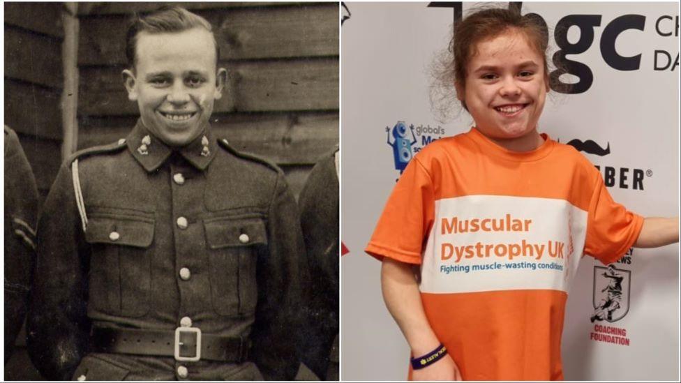Composite photo: A black and white photo of Norman Irwin in his soldier's uniform and a colour photo of Carmela Chillery-Watson in an orange Muscular Dystrophy UK t-shirt