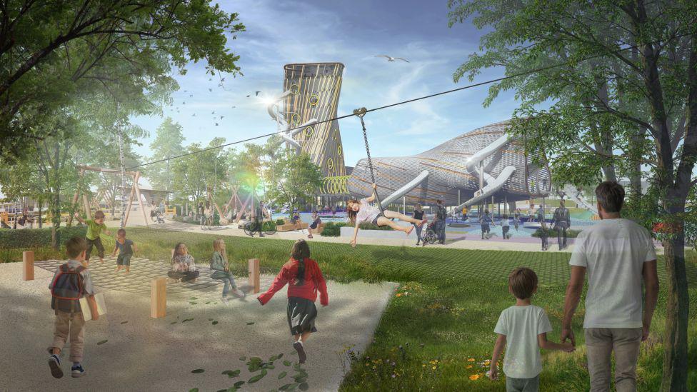 Artist impression of children using a playpark, featuring a tall tower.