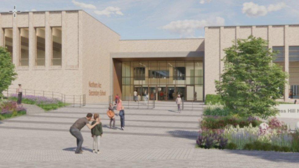 A computer generated image of a school. The image includes a tree in front of it with school children walking in.