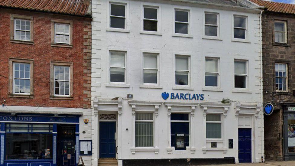 Barclays Bank in Berwick, a large white terraced building on a main street.