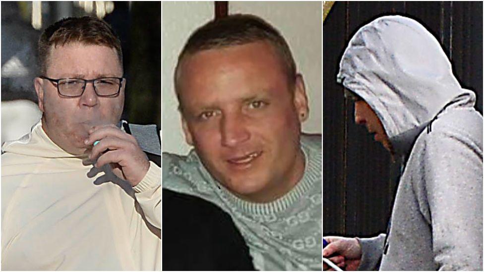 Head-and-shoulders images of three men. The first, Walter Ervine, is wearing dark-rimmed glasses and a cream-coloured jacket and is smoking a vape. The second, Glenn Rainey, has short brown hair and is wearing a grey sweater. The third, Robert Spires, is wearing a grey hoodie which obscures his face.