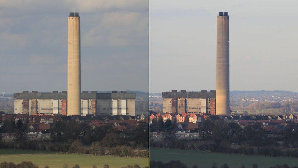 Before and after photo of Didcot power station collapse.