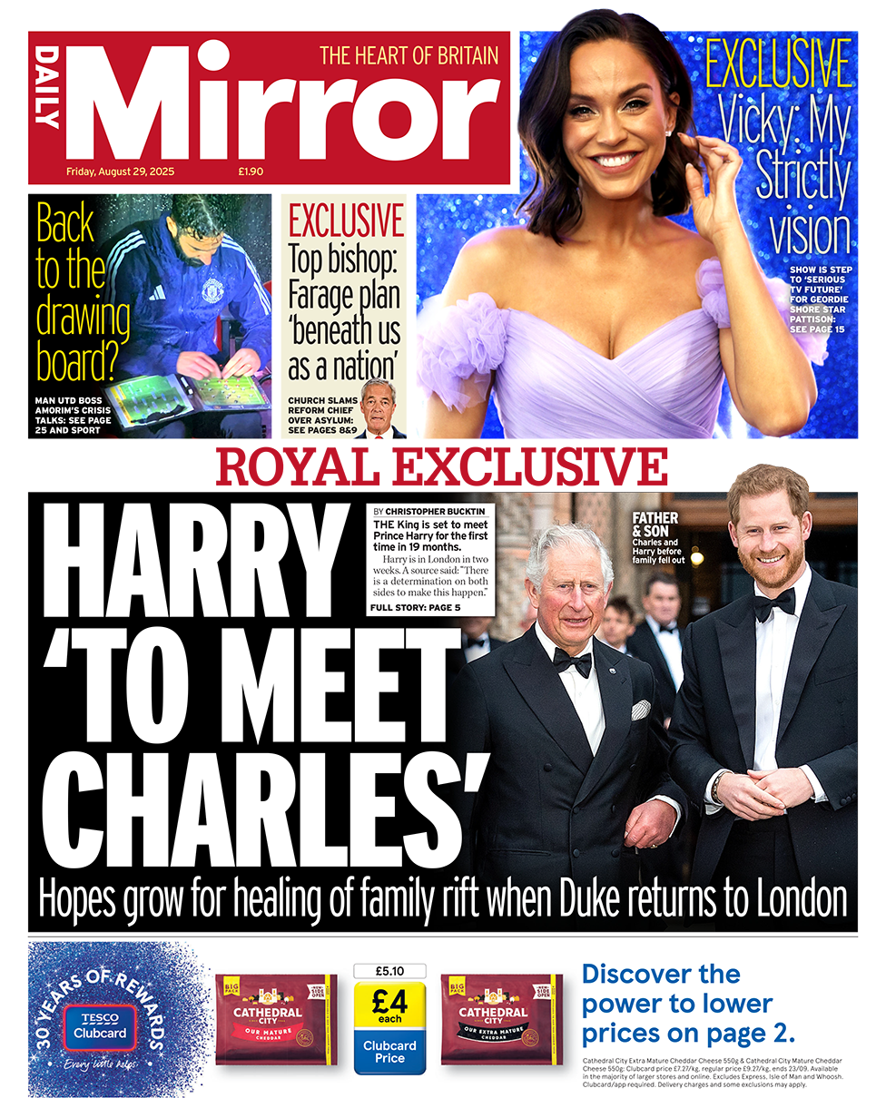 Daily Mirror front page with headline "Harry 'to meet Charles'. It has a picture of the King and Prince Harry together in black tie suits from "before they fell out".
