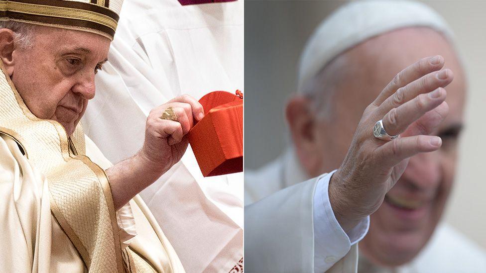 Pope Francis's Fisherman's Ring is seen during a ceremony in 2020 (left) and he is pictured wearing a simple silver ring as he greets people in St Peter's Square in 2015 (right) 