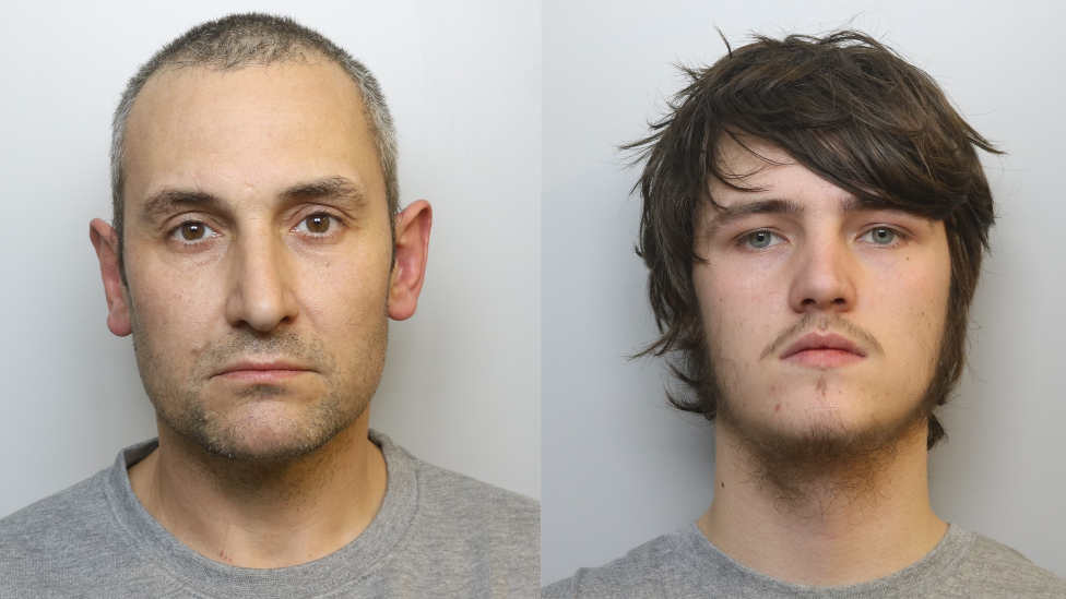 Mug shots of Antony Snook, 45, and Riley Tolliver, 18. They are both wearing grey t-shirts. 