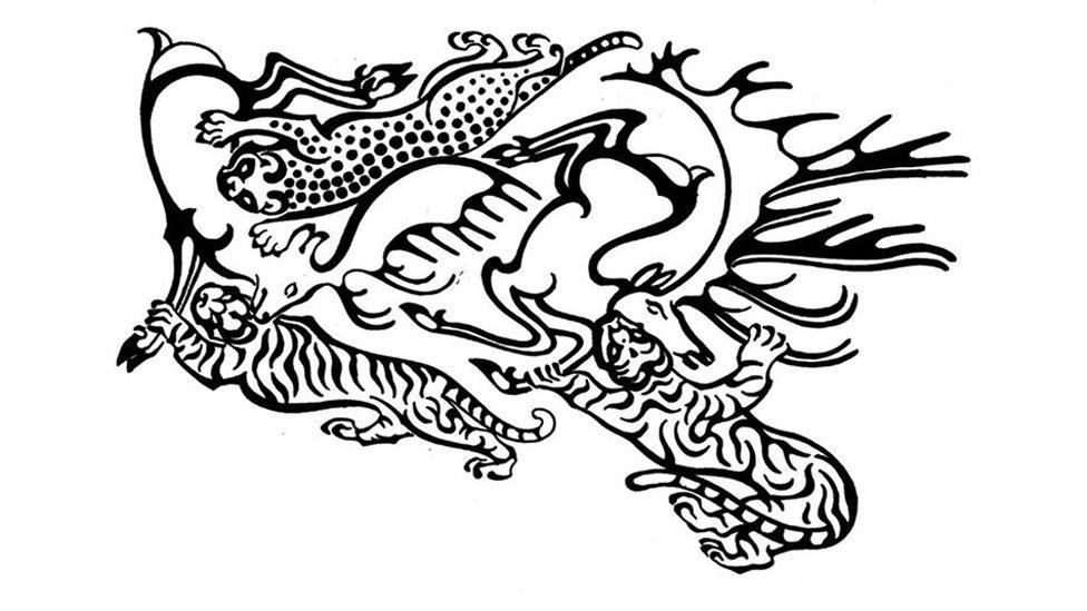 A black line drawing illustration of the tattoos on the woman's right forearm. It shows two tigers and a leopard encircling a stag with horns and what look like wings.