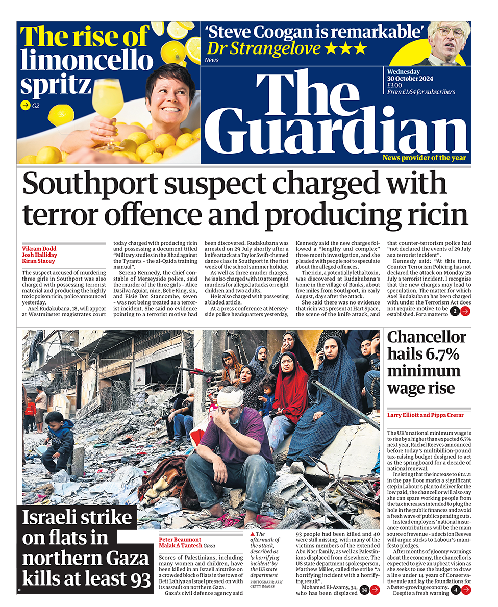 The headline in the Guardian reads: "Southport suspect charged with terror offence and producing ricin". 