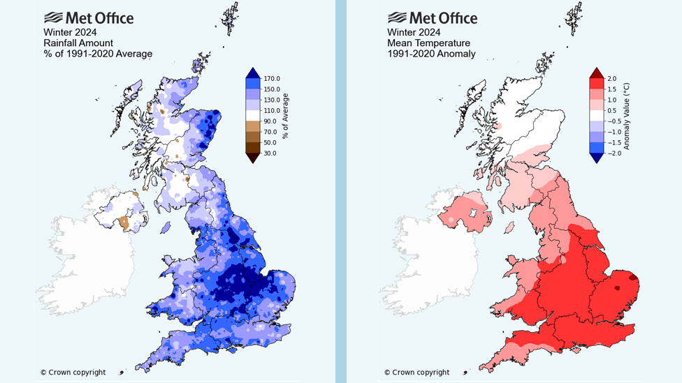 Anomaly charts showing rainfall and temperature for winter 2024.