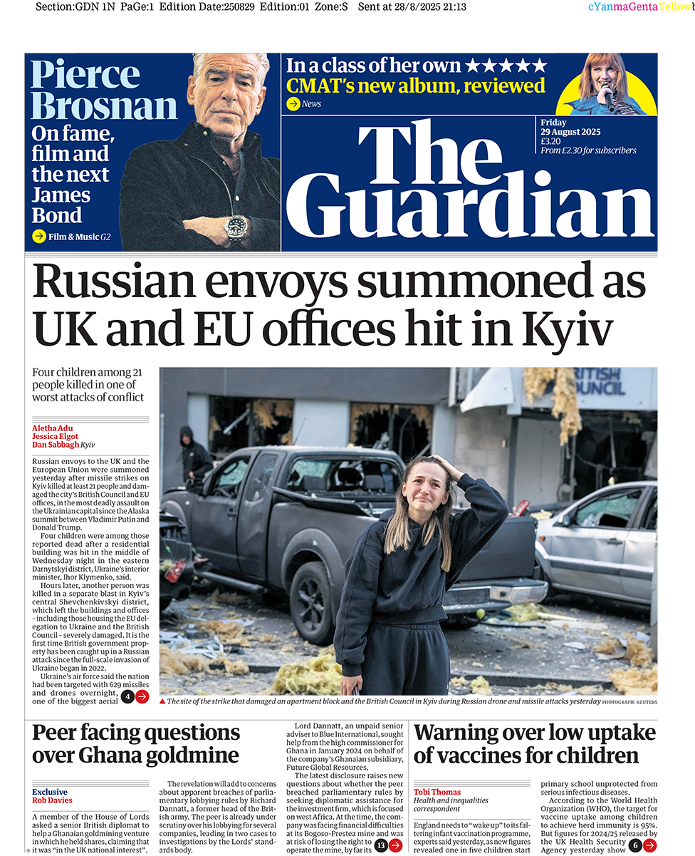 Guardian front page with headline: "Russian envoys summoned as UK and EU offices hit in Kyiv". It has a picture of an upset woman next to a partially destroyed pick up truck and building with blown-out windows.