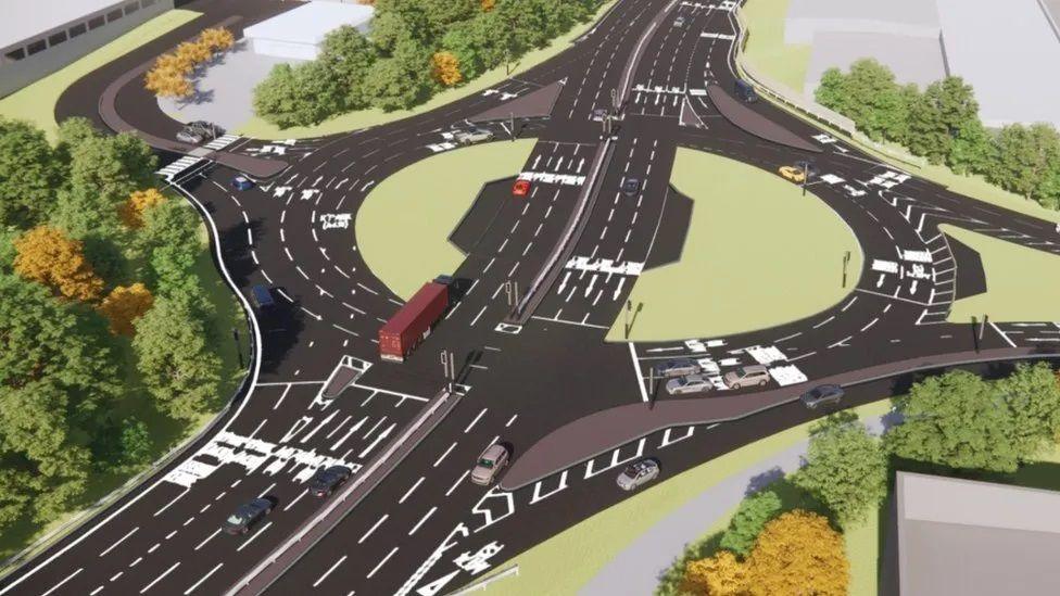 Drawing of a road going through a roundabout