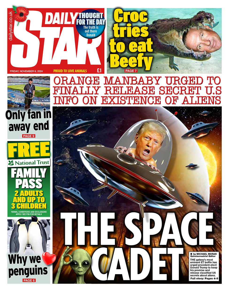 The headline on the front page of the Daily Star reads: "The space cadet"