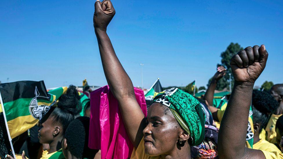 African National Congress (ANC) supporters wait for President of South Africa Cyril Ramaphosa to arrive during an ANC election rally on May 17, 2024, at Lakhis Sports Ground in Greytown, KwaZulu-Natal, South Africa - 17 May 2024