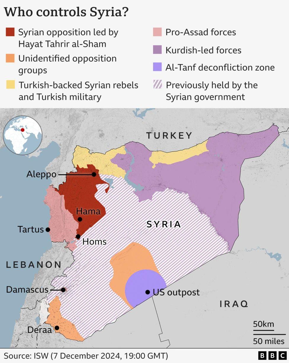 Map showing territory claimed by different factions in Syria as of 7 Dec