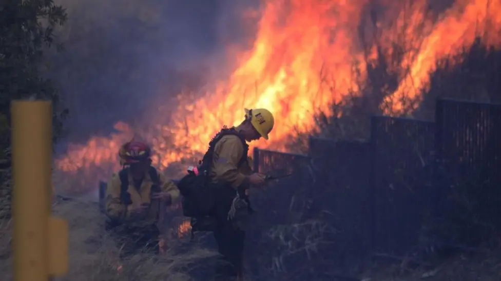 Firefighters stand near wildfires