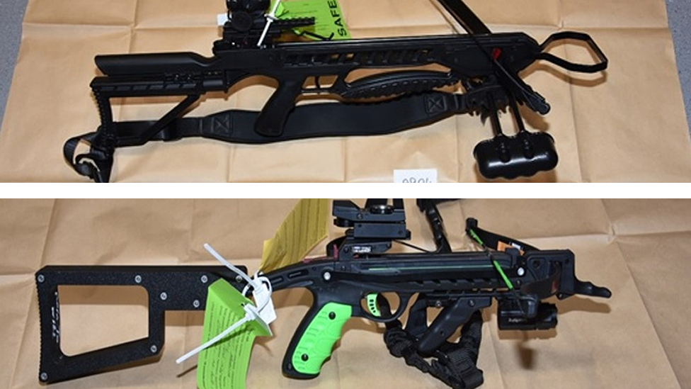 A composite image of two disassembled black crossbows, one with a green grip