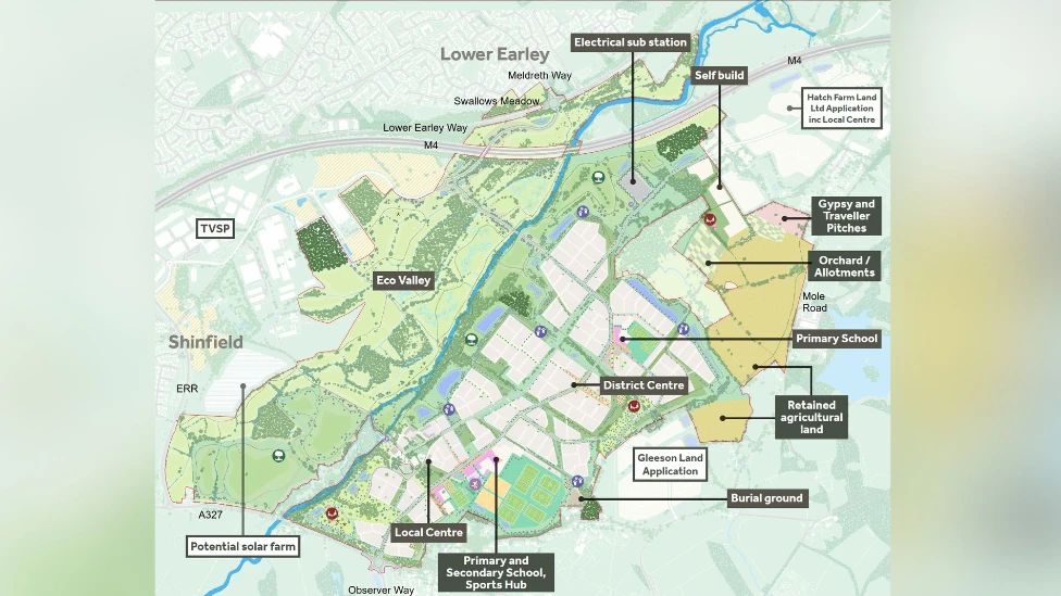 A CGI drawing of where facilities might go at the garden village, each labelled on the map.