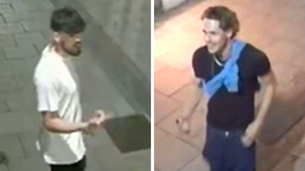 CCTV images of two men in Norfolk, the man on the left is wearing a white T-shirt with dark trousers, the man on the right is wearing a blue top and trousers, with a jumper tied over one shoulder. Both images are slightly blurred. 