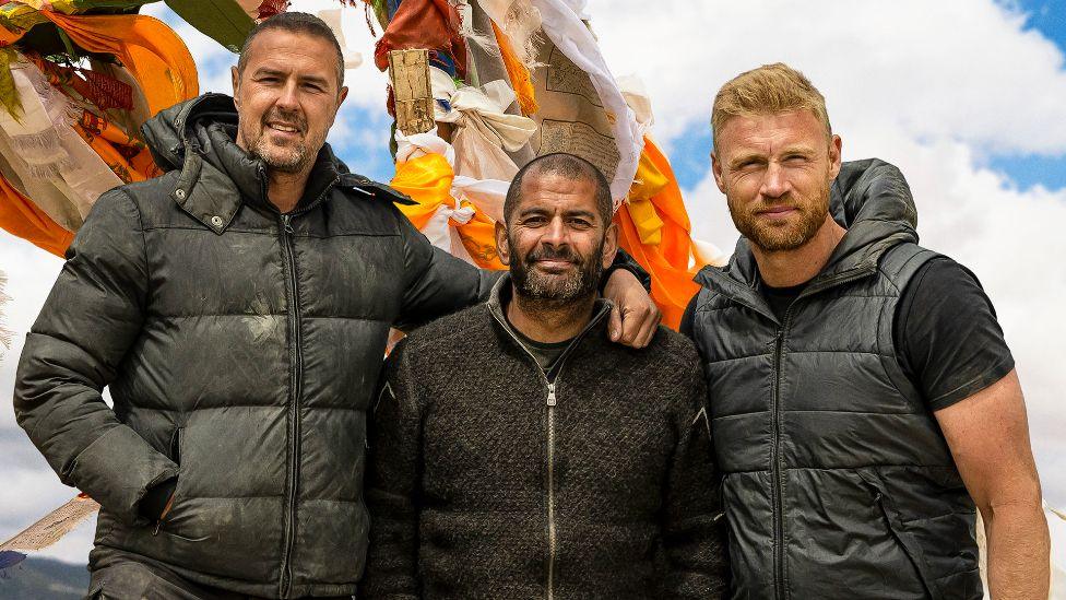 Paddy McGuinness, Chris Harris and Andrew "Freddie" Flintoff during filming of the Top Gear Christmas special 2019