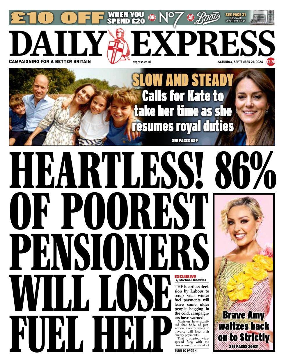 The Daily Express headline reads: Heartless! 86% of poorest pensioners will lose fuel help