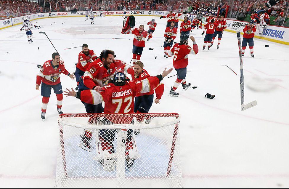 The Florida Panthers celebrate their Cup victory against the Edmonton Oilers following Game Six of the 2025 NHL Stanley Cup Final in Florida. Photo by Bruce Bennett