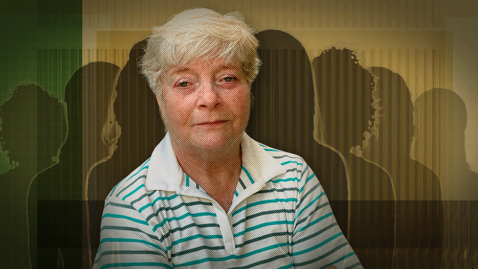 A composite image featuring a recent photo of Sheenagh, a woman with short hair wearing a striped top, flanked by silhouetted figures either side of her representing the other anonymous women accusing Al Fayed