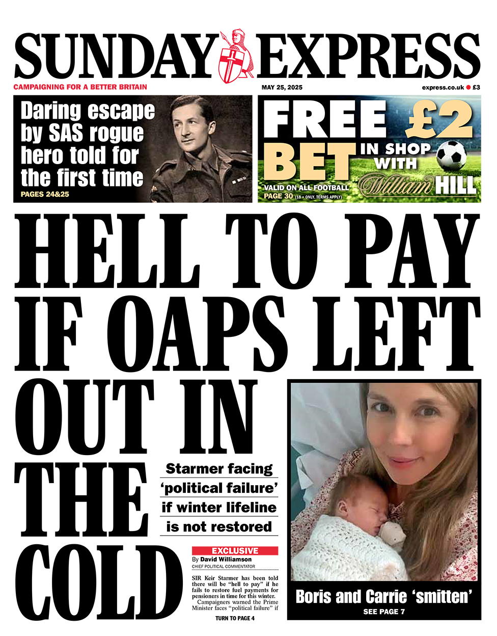 Sunday Express front page with headline: "HELL TO PAY IF OAPs LEFT
out in the cold"