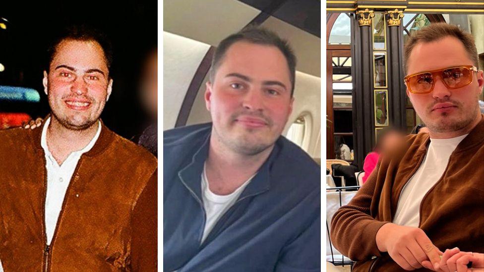 A composite image showing three photos of Miles, one smiling broadly on a night out with friends, one inside a plane, and in the last image, sitting at a cafe table outside in a square with ornate buildings, wearing a pair of yellow-tinted sunglasses and a suede jacket. 