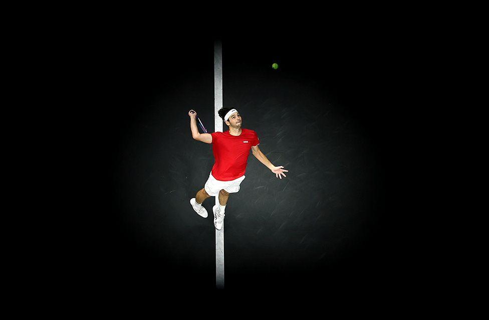 Team World's Taylor Fritz serves against Carlos Alcaraz during day two of Laver Cup in San Francisco